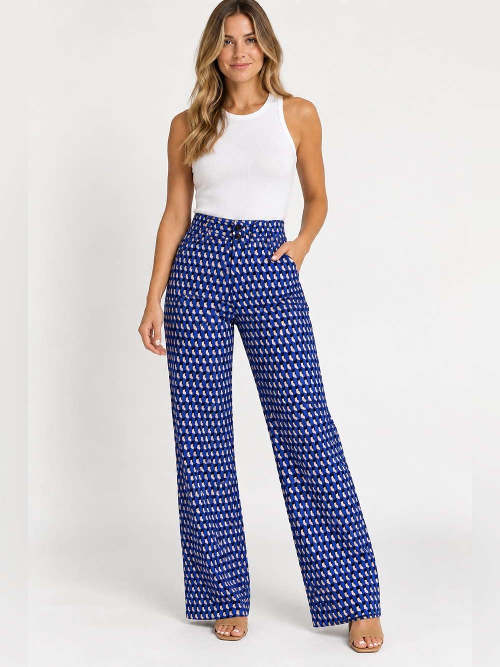 Anthropologie Maeve Blue & White Geometric Wide-Leg Pants Size 0